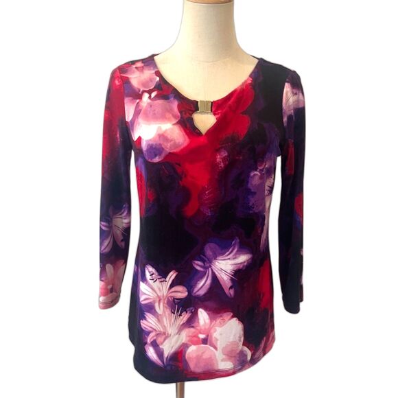 Calvin Klein Tops - Calvin Klein XS Liquid Knit Blouse Red Purple Keyhole 3/4 Sleeves
